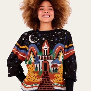 Farm Rio Midnight Cheetah Pullover Sweater Size L EUC